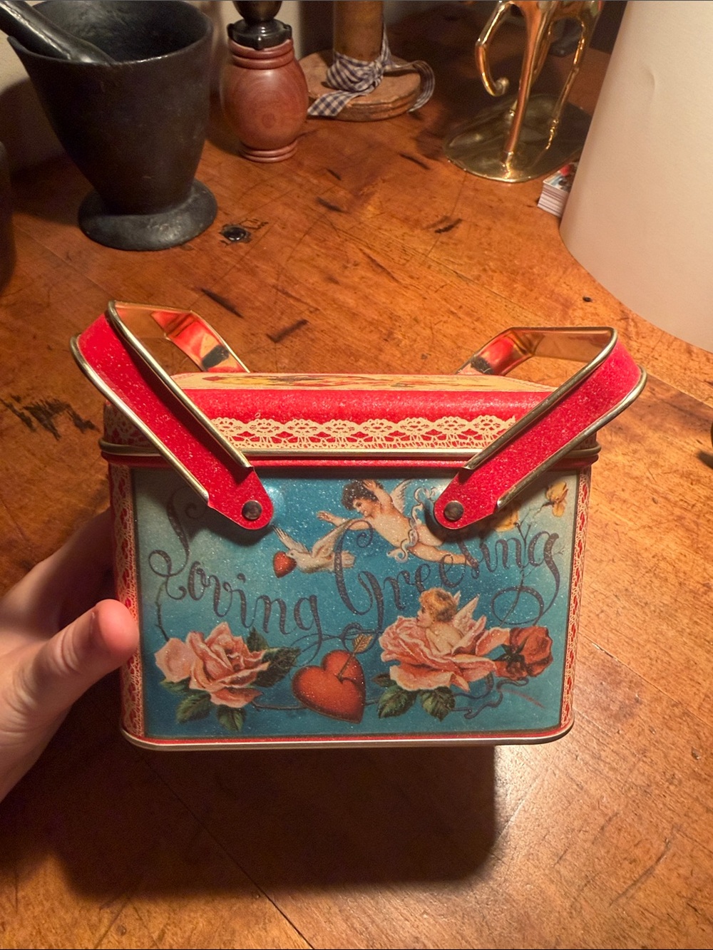 Valentine Double-Handled Vintage Tin - Cherubs Bristol Ware, 1984 Chein